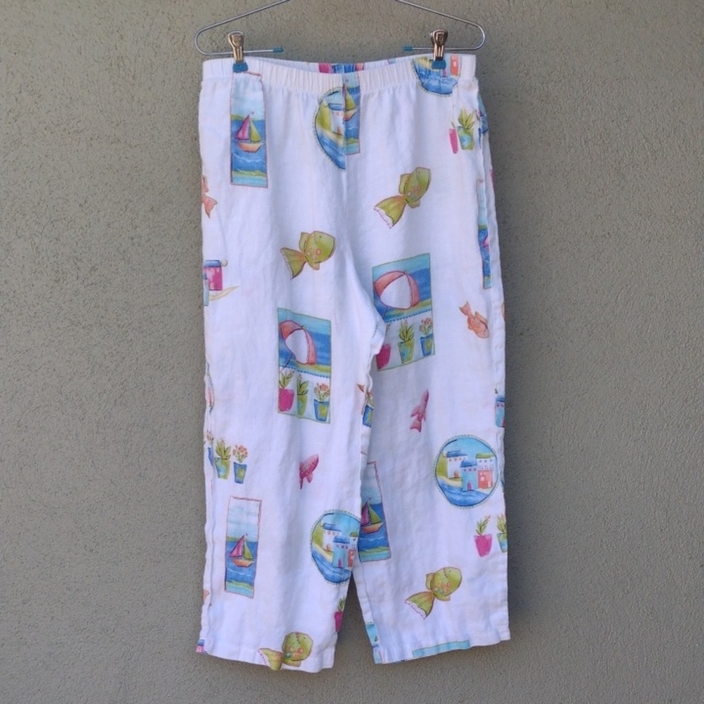 Hot Cotton White Linen Colorful Beach Themed Pull-on Capri Pants Women's Medium